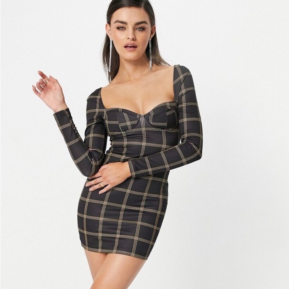 ASOS DESIGN cupped long sleeve mini dress in check print, Size 4,‎ NWOT